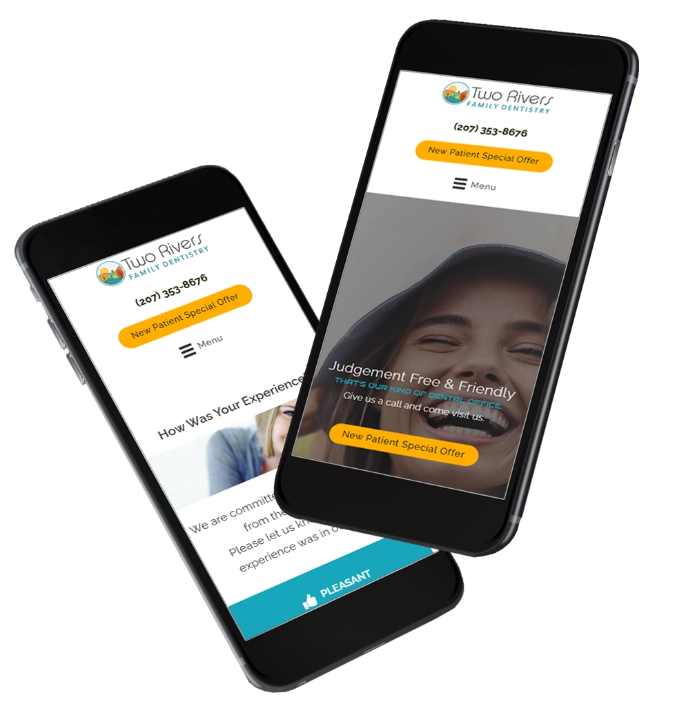 Two phones open to pages of the website.